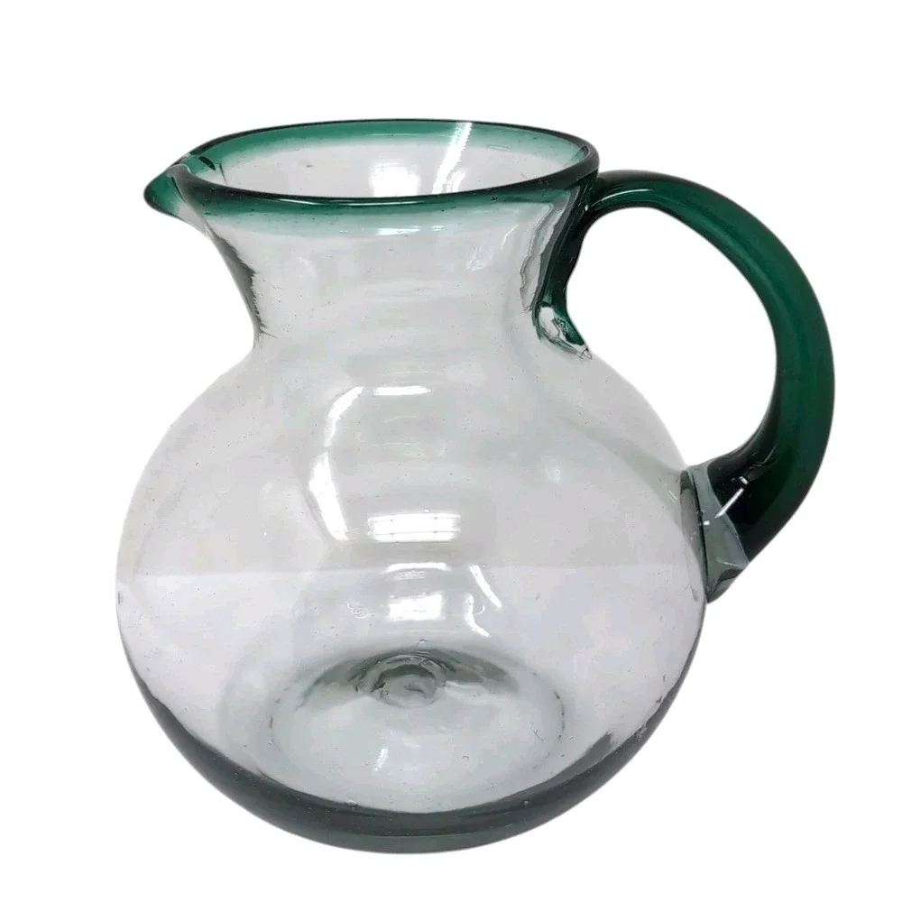 Mexican Hand Blown Glass Margarita Pitcher Vase Clear/Emerald Green Rim & Handle